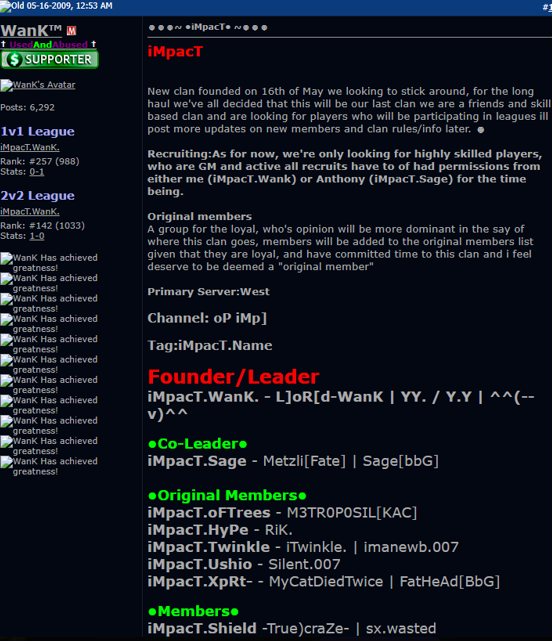 Original iMpacT screenshot from 2009 showing clan history